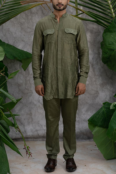 Olive embroidered crushed shirt kurta set