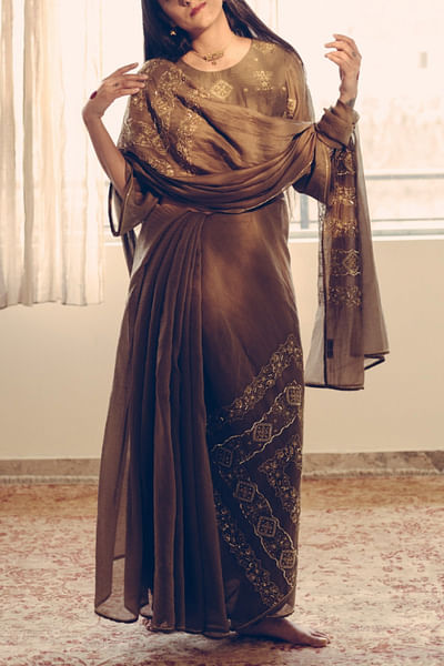 Olive embroidered sari