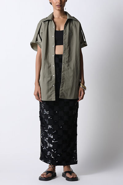 Olive flap and button detailed shirt