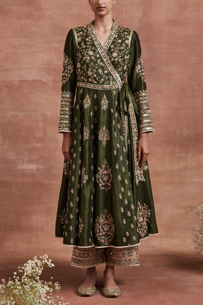 Olive floral embroidery angrakha set