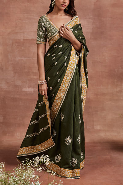 Olive floral embroidery sari set