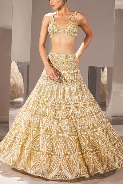 Olive gold resham and bugle embroidered lehenga set