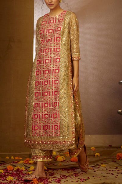 Olive green and fuchsia embellished kurta set