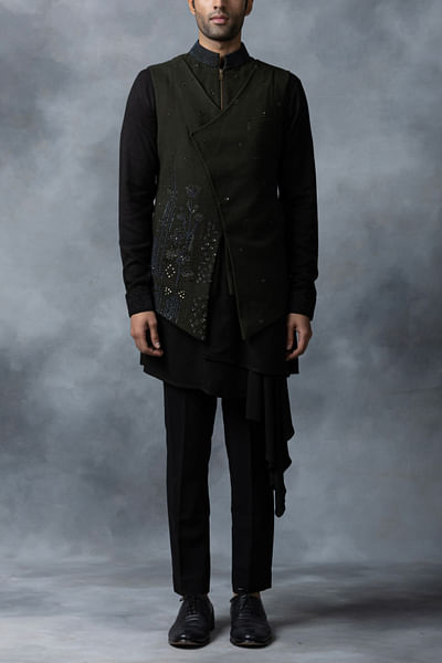 Olive green asymmetric bandi kurta set