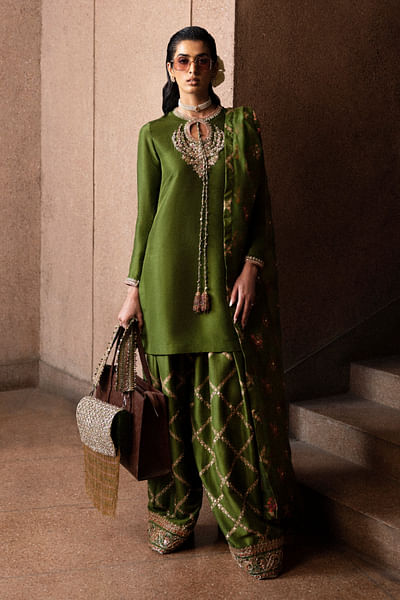 Olive green bead embroidered kurta set
