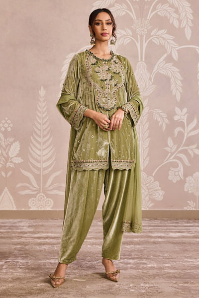 Olive green embroidered kurta set