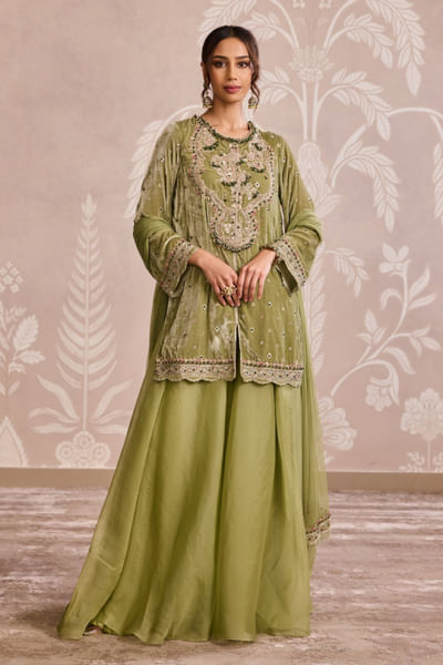 Olive green embroidered kurta sharara set