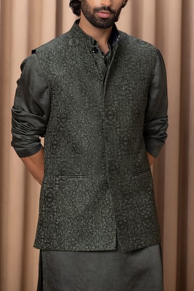 Olive green thread embroidered bandi