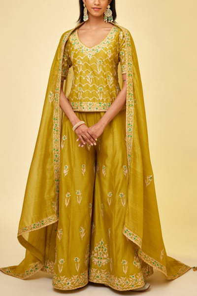 Shyam Narayan Prasad Olive green embroidered sharara set SNPMAR202306