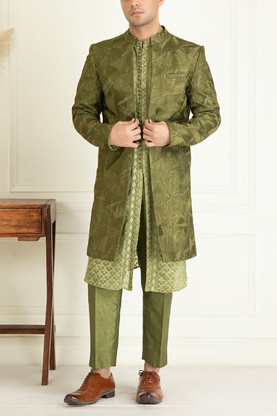 Olive green embroidered sherwani set