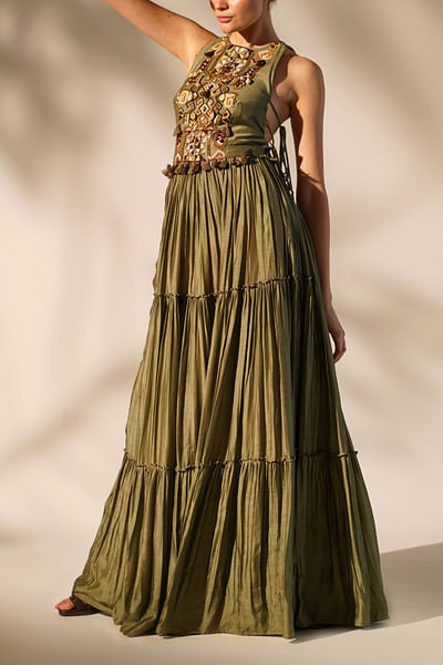 Olive green embroidered tiered halter maxi dress