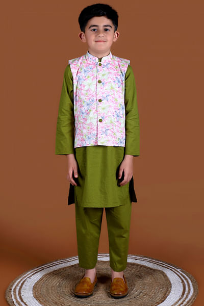 Olive green floral print Nehru jacket set