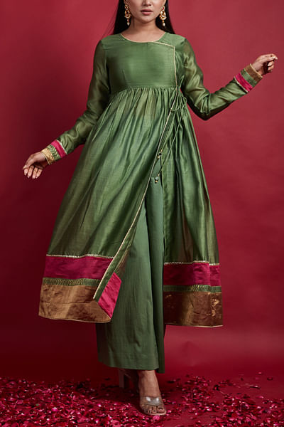 Olive green lace detailed angrakha set