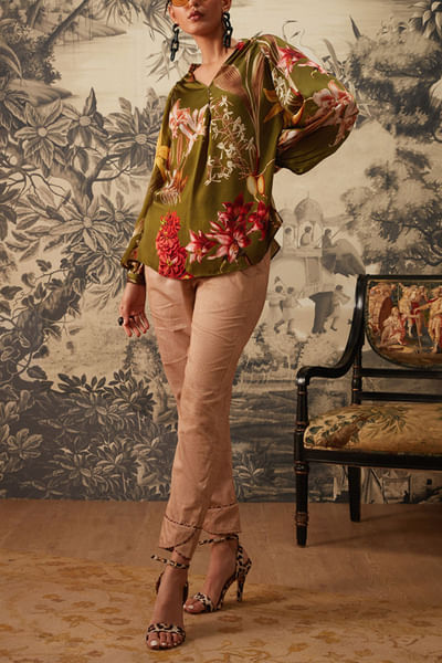 Olive green printed tunic set