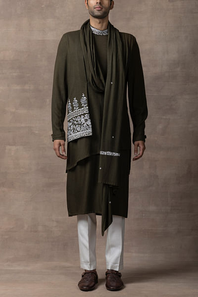 Olive green thread work draped kurta set