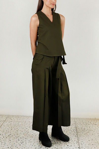 Olive green top and pleated pant set