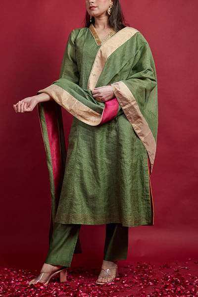 Olive green zari stripe woven kurta set