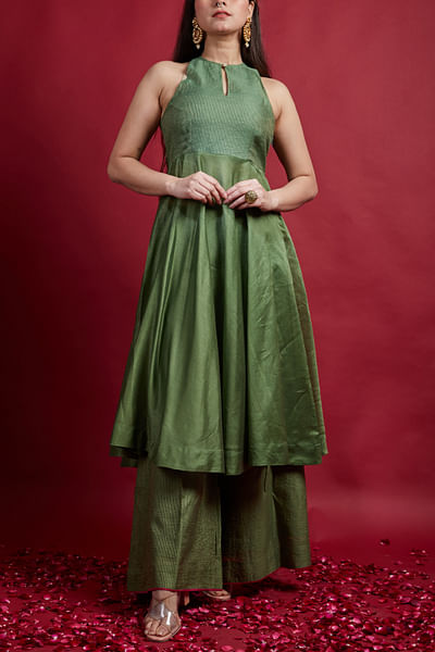 Olive green zari woven anarkali set