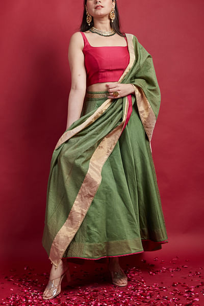 Olive green zari woven lehenga set