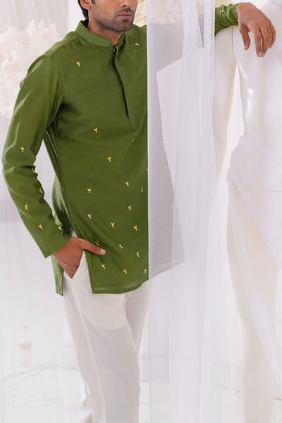 Olive motif embroidery short kurta set