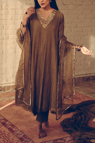 Olive organza silk dupatta