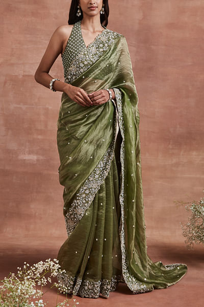 Olive zari and sequin embroidery sari set