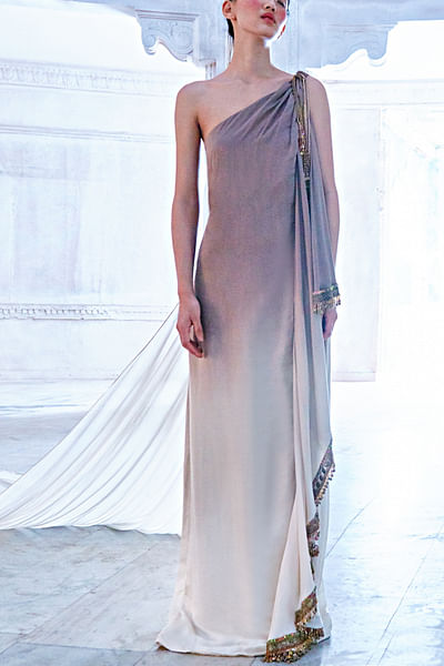Ombre embellished one-shoulder gown