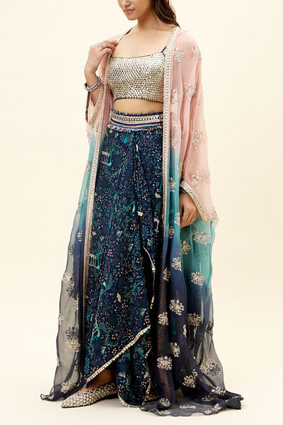 Ombre peacock print embellished cape set