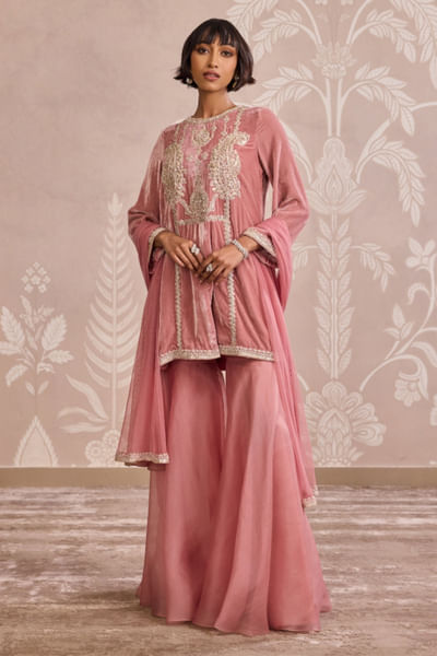 Onion pink embroidered kurta sharara set