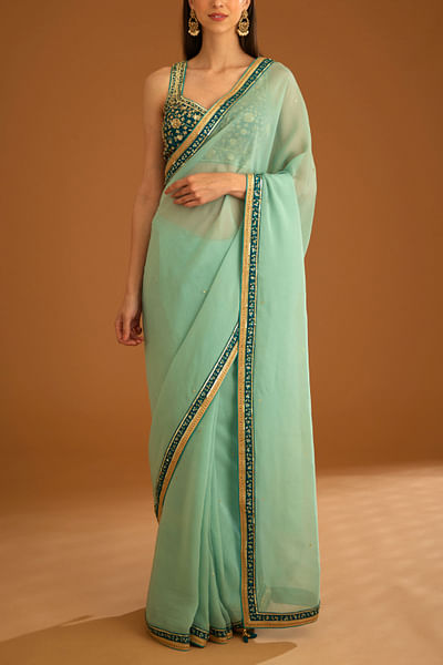 Opal green sequin embellished sari set