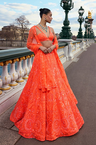 Orange abstract sequin embellished lehenga set