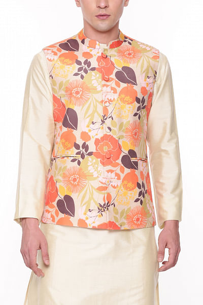 Orange and beige floral printed Nehru jacket