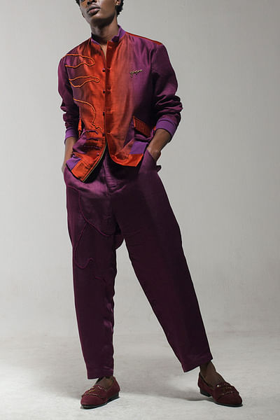 Orange and purple cord embroidered jacket set