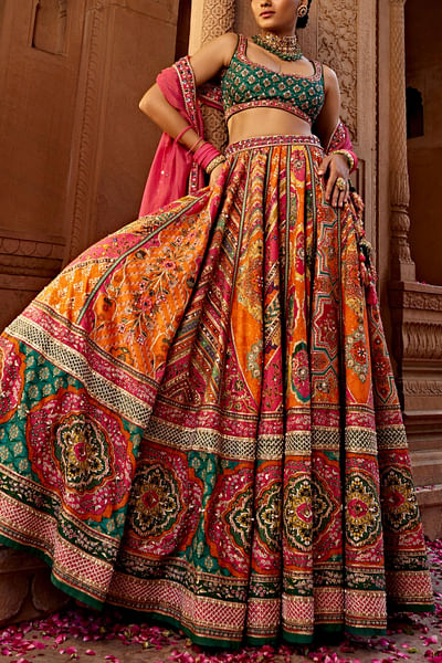 Orange artisanal print lehenga set