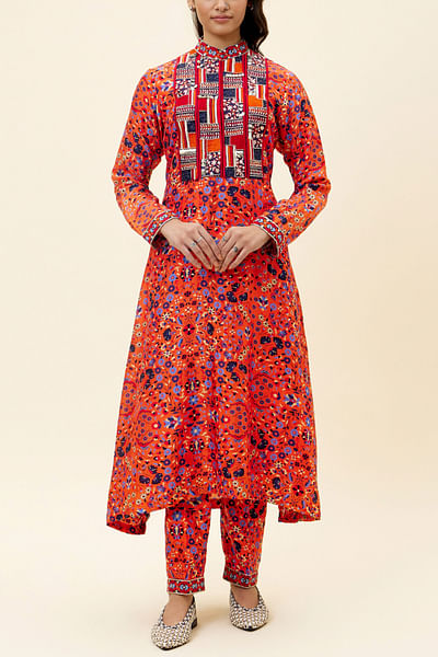 Orange artsy floral print kurta set