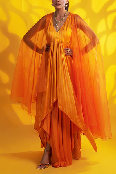 Orange asymmetric layered dress and cape