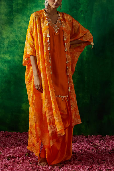 Orange bandhani print cape set