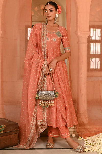 Orange bandhej printed anarkali set