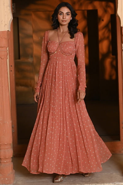 Orange bandhej printed dress