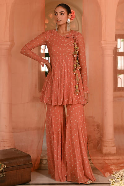 Orange bandhej printed gharara set