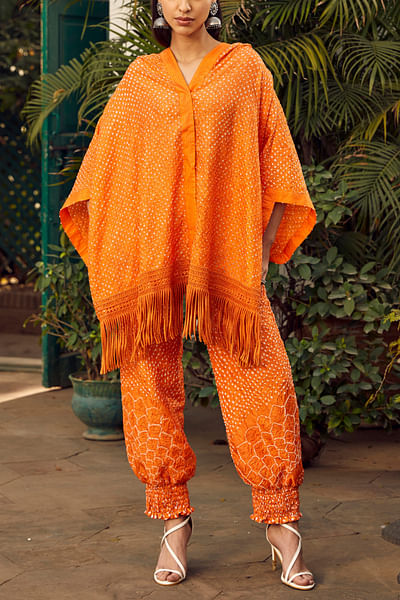 Orange crushed bandhani hoodie