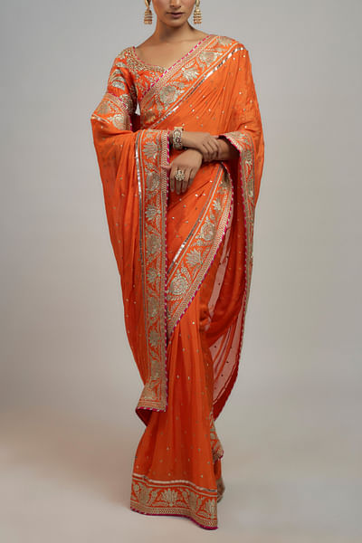 Orange embroidered chiffon sari set