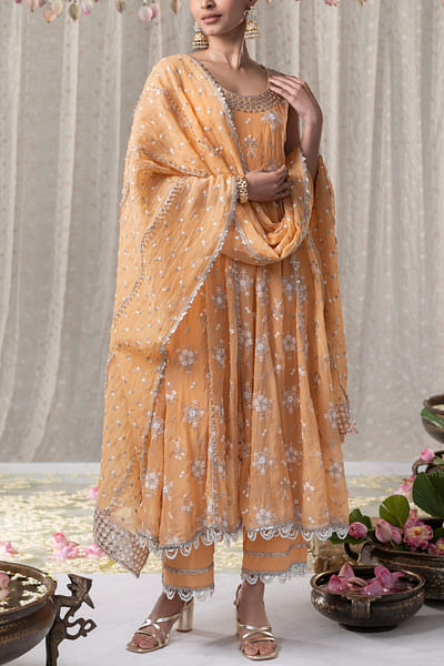 Orange embroidered sleeveless anarkali and pants
