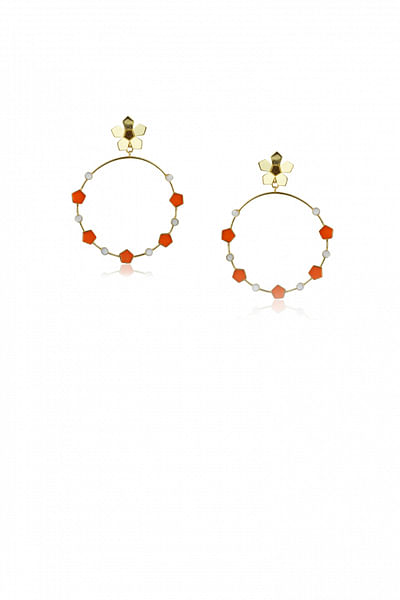 Orange enamel and pearl hoop earrings