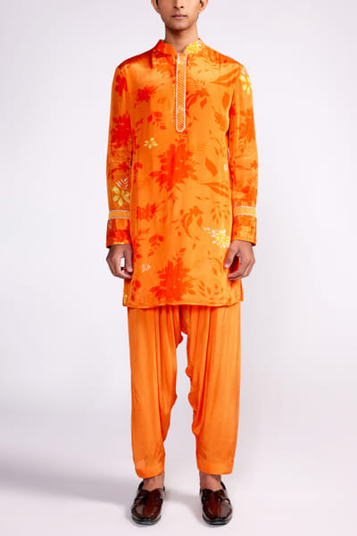Orange floral and leaf print kurta set