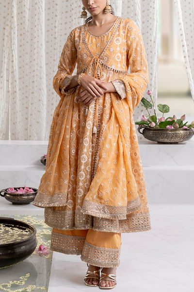 Orange floral embroidered anarkali and pants