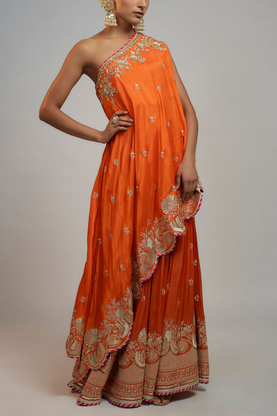Orange floral embroidery sharara set