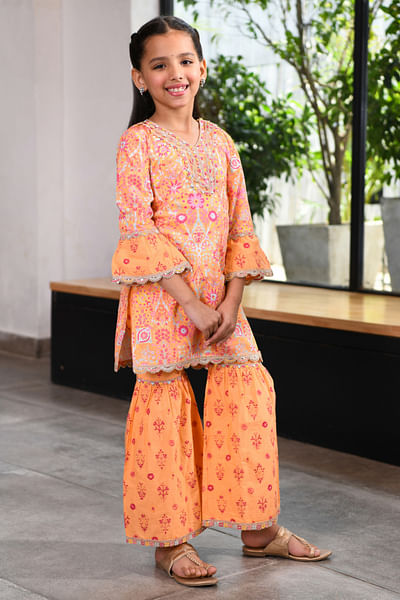 Orange floral print gharara set