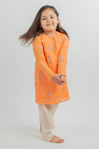 Orange floral print kurta set