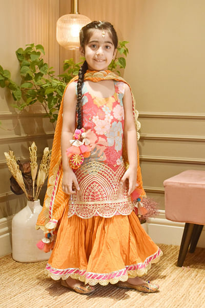 Orange floral print lehenga set